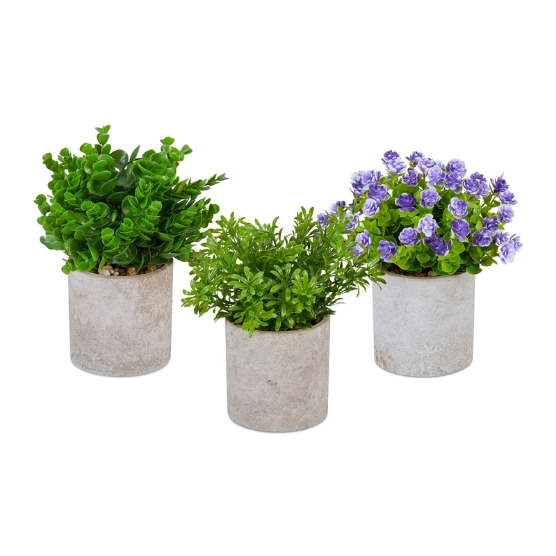 Relaxdays Artificial Plants Set of 3, Various Fake Flowers in Pots, Lifelike, Plastic, 23 x 16 cm, Green/Purple/Grey, Polyester, 23 x 18 cm
