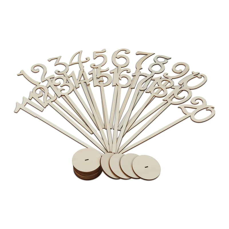 Relaxdays, Wedding Desk Signs, 1-20, HxD: 35x7.5 cm, for Parties and Catering, Table Number Stand, Natural, Wood, 35 x 7.5 x 7.5 cm
