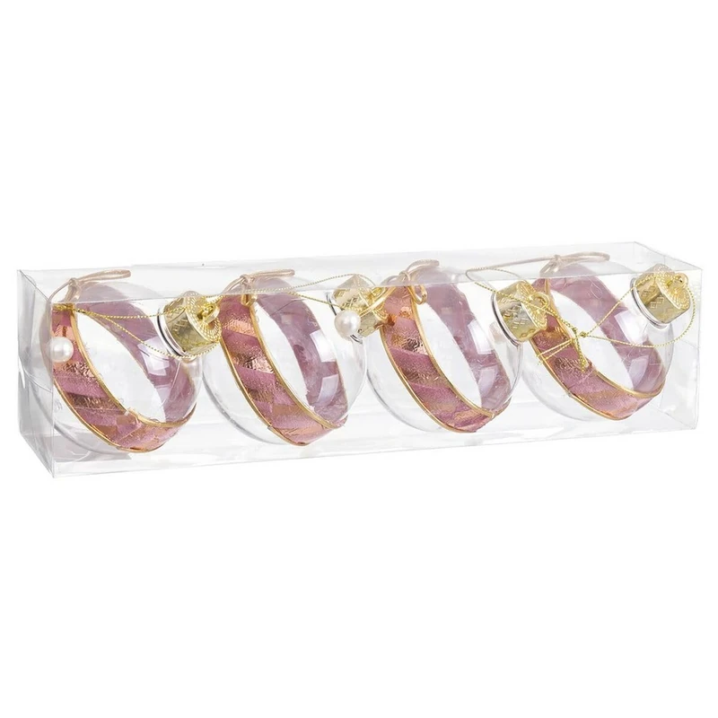 BigBuy Christmas Christmas Baubles Pink Transparent Gold Plastic Woven Ribbon 8 x 8 x 8 cm (4 Units)