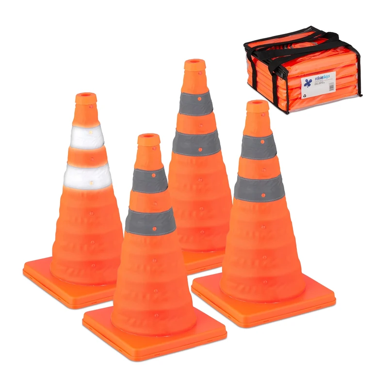 Relaxdays Large Pylons, Set of 4, Foldable Traffic Cones, Reflector Strips, HxWxD: 45 x 24.5 x 24.5 cm, Orange/Silver, Polyester