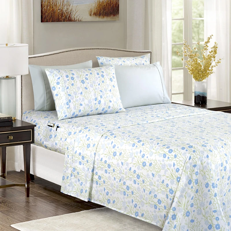 Elegant Comfort Softest and Coziest 6-Piece Sheet Set - 1500 Premium Hotel Quality Microfiber - Deep Pocket, Wrinkle Resistant 6-Piece Floral Bed Sheet Set, King, Laurel Blue - Image 1