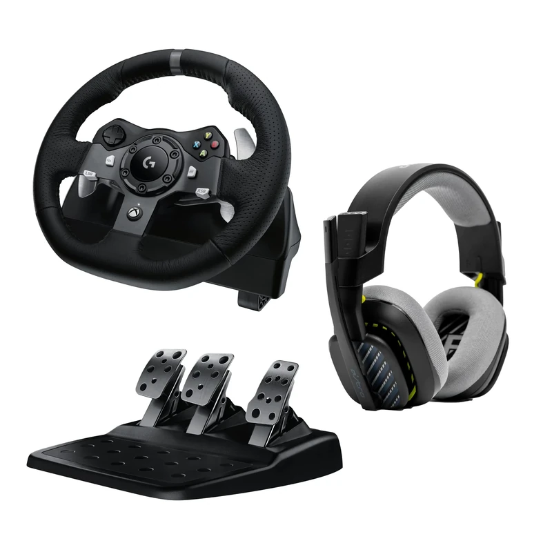 Logitech G G920 Driving Force Racing Wheel and Floor Pedals + A10 Gaming Headset Gen 2 Wired Headset - Over-ear gaming headphones with flip-to-mute microphone, Xbox Series X|S, Xbox, PC, Mac - Black