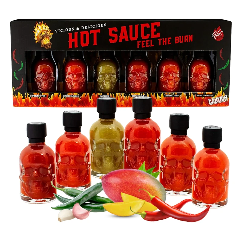 Topline Hot Sauce Gift Set – 6 Fiery Flavours Skull Spicy Chilli Sauce Heat Pack for for Spice Lovers, and BBQ - Christmas Eve Gift Set Presents for Men and Women - Fun Spicy Stocking Fillers