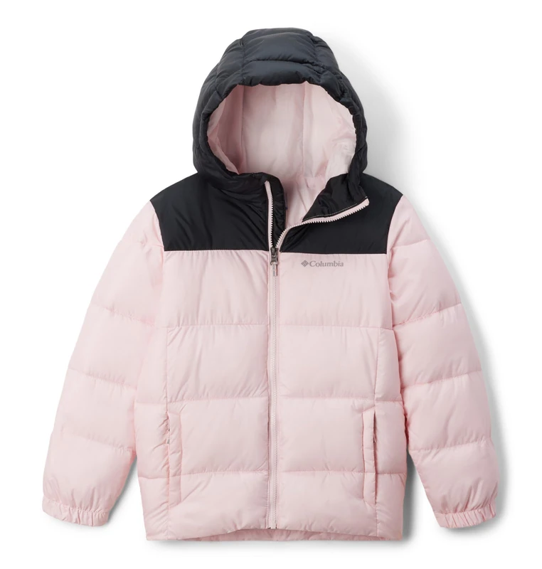 Columbia Youth Toddler Puffect Hooded Jacket, Hooded Puffer Jacket, Satin Pink/Black, 4T (4 years)