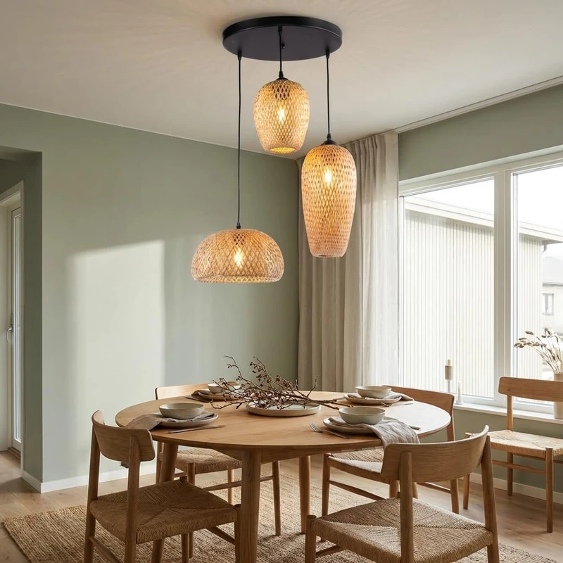 Barcelona LED- Wicker Pendant Lamp "Trisa" - Triple Ceiling Lamp, 3 x E27 - Handmade in Natural Fibers, Rustic Boho Style Pendant Lamp Living Room, Dining Room, Bedroom, Restaurants