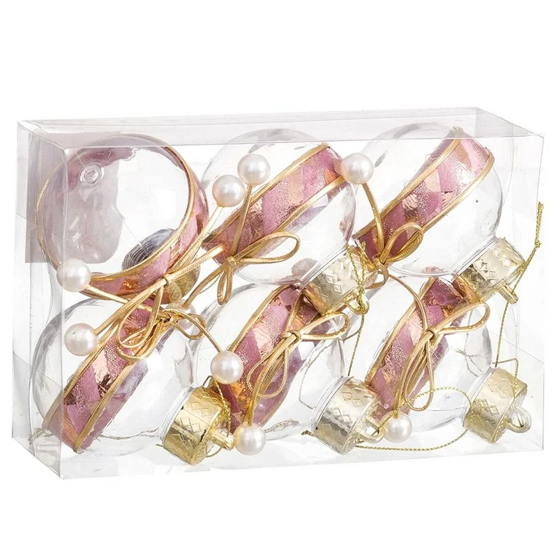 BigBuy Christmas Christmas Baubles Pink Transparent Gold Plastic Woven Ribbon 6 x 6 x 6 cm (6 Units)