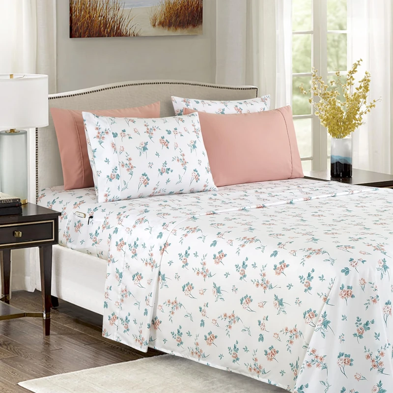 Elegant Comfort Softest and Coziest 4-Piece Sheet Set - 1500 Premium Hotel Quality Microfiber - Deep Pocket, Wrinkle Resistant 4-Piece Floral Bed Sheet Set, Twin, Celia Pink