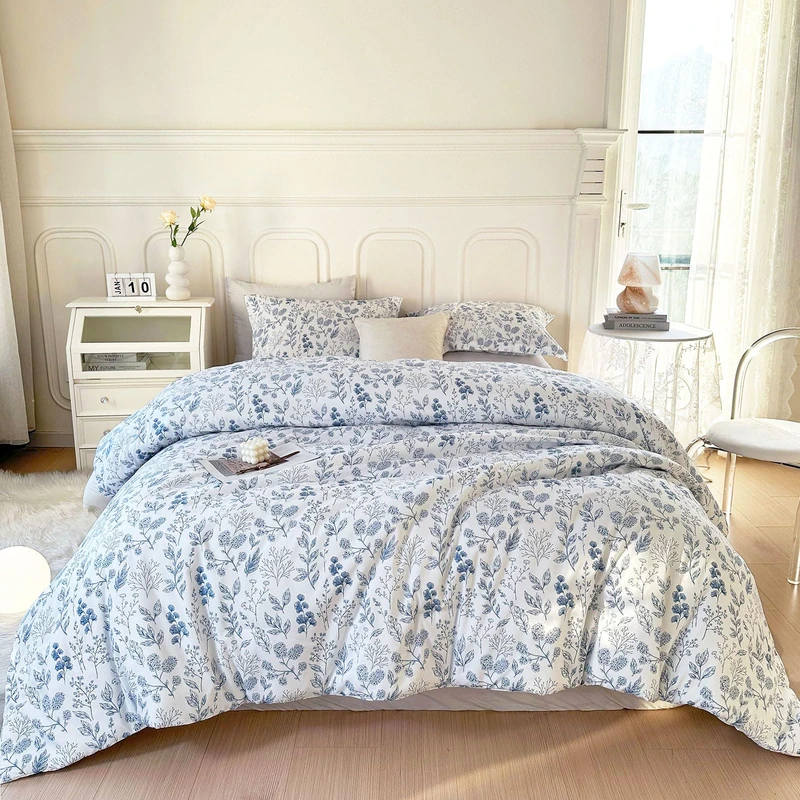 EAVD Blue Floral Comforter Set King White Soft Washed Microfiber Bedding King Size Comforter Set Floral Vintage Style Garden Botanical Comforter with 2 Pillowcases Lightweight and Fluffy