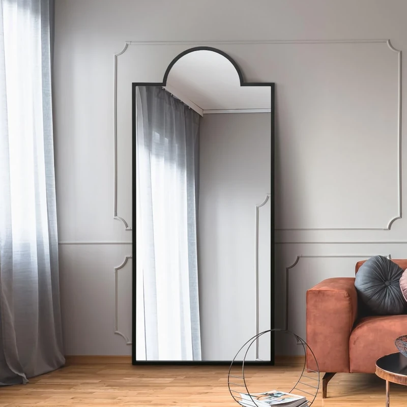 MirrorOutlet The Fenestra - Black Modern Contemporary Leaner and Wall Mirror 67" X 29" (170CM X 75CM) Silver Mirror Glass with Black Metal Frame with Feature Edge. Landscape or Portrait.