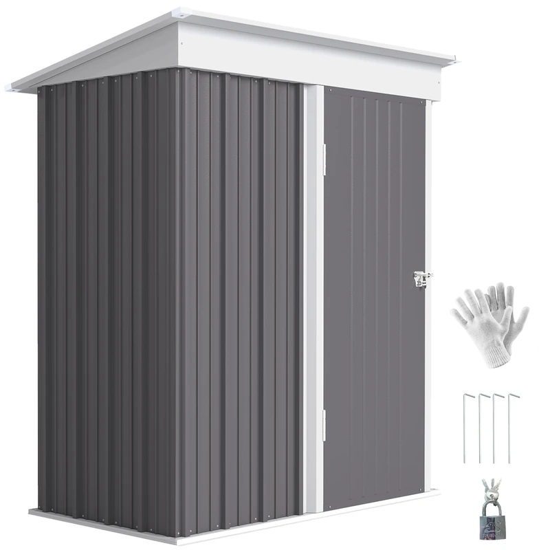 Outsunny 5x3ft Steel Small Garden Shed, Outdoor Lean-to Shed with Adjustable Shelf, Lock and Gloves for Patio, Garden, Grey with Foundation Kit