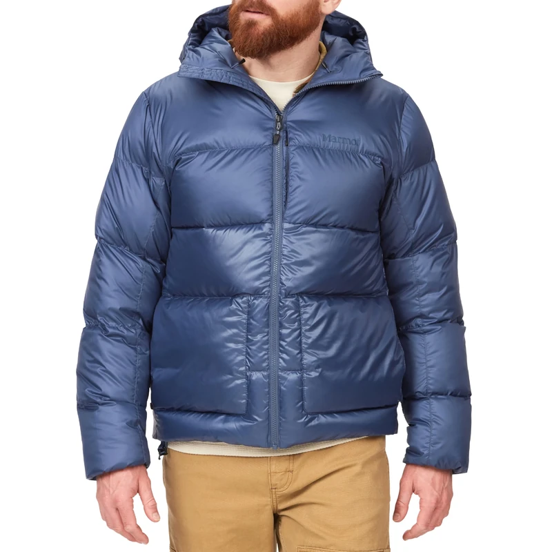 Marmot Men's Guides Down Hoody, Lightweight down jacket, warm winter puffy, water-repellent quilted coat, windproof functional jacket, packable outdoor jacket with hood, Storm, L