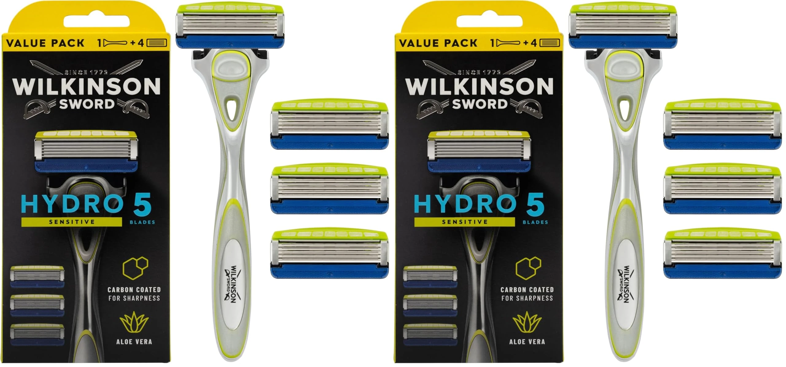 Wilkinson Sword Hydro 5 Sensitive Razor For Men, 5 Blade Cartridge Razor with Hydrating Aloe Vera Gel, Skin Guards, Flip Trimmer, 4 Piece Set (Handle + 3 Blades), Multicolor, Men's (Pack of 2)