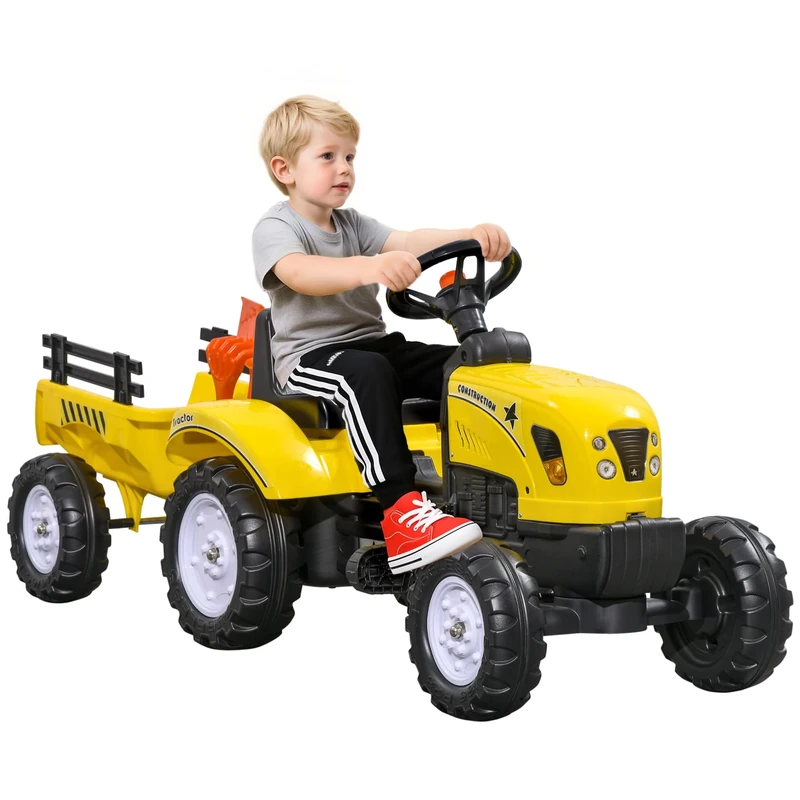 HOMCOM Kids Ride on Tractor with Back Trailer, Shovel & Rake, Horn, Four Wheels Tractor Toy for Child Toddler