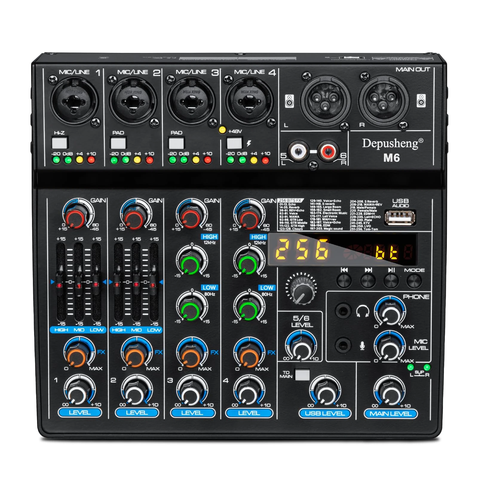Depusheng M6 DJ mixer Portable Bluetooth MP3 6 channel Sound Mixing Console Built in 256 digital effects with 48V Phantom Power USB interface for computer recording Live Streaming Podcasting Karaok