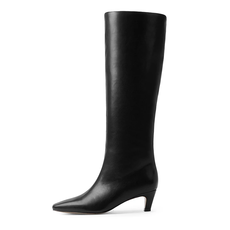 Modatope Knee High Boots Women Square Toe Kitten Heel Tall Boots Womens Fashion Long Boots, Black, 9.5