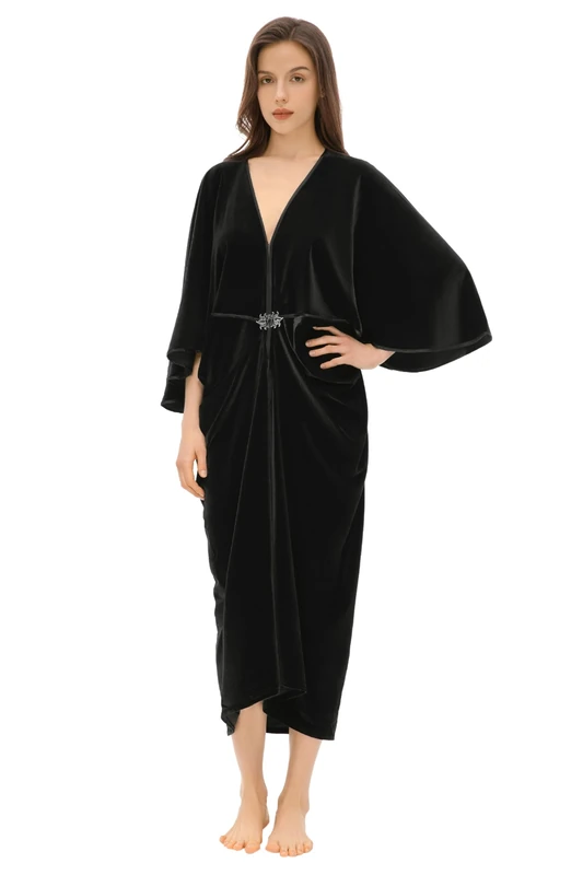 BABEYOND 1920s Velvet Cocoon Gown - Hollywood Style Robe Great Gatsby Party Outfit Women Batwing Sleeves Art Deco Coat Robe, Black, One Size