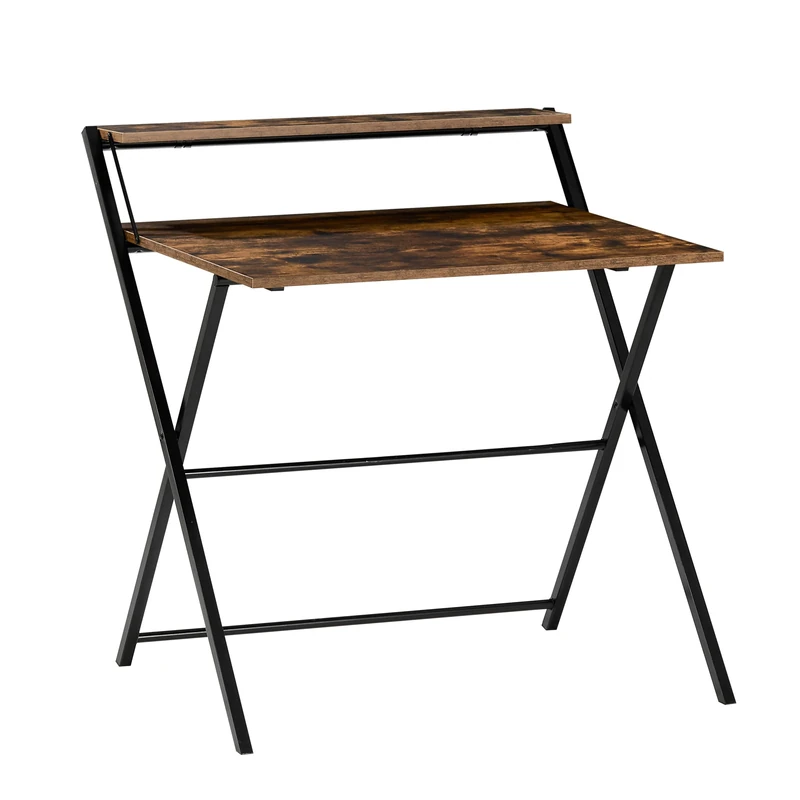 Vida Designs Folding Desk 82cm No Assembly Computer Desk With Shelf Modern Space Saving Writing, Study, PC Table for Home Office (Dark Wood)