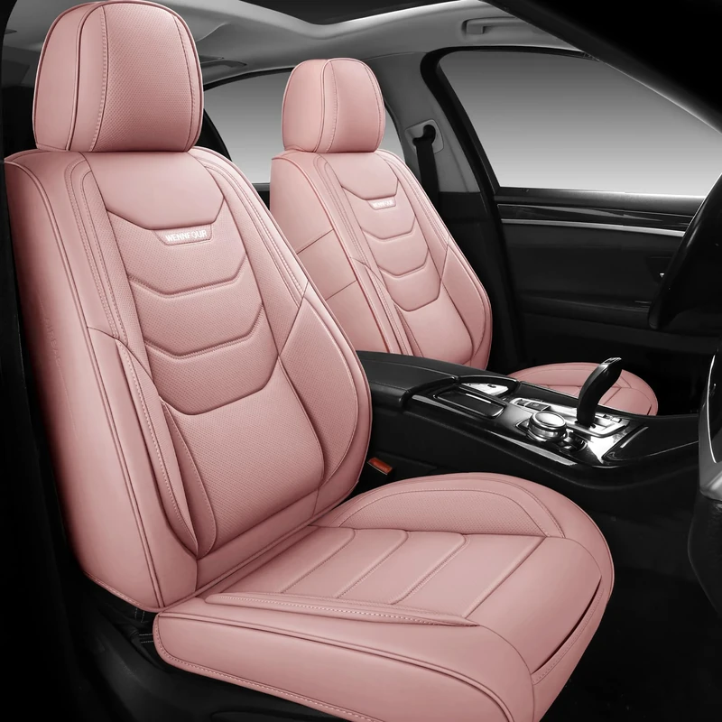 WENNFOUR Car Seat Covers Front Seats Only, Universal Luxury Automotive Car Seat Protector 2 Pack, Waterproof Breathable Nappa Leather Car Seat Cushion for Most Vehicles SUV Pick-up Truck, Pink