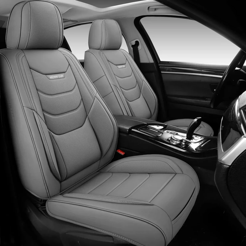 WENNFOUR Car Seat Covers Front Seats Only, Universal Luxury Automotive Car Seat Protector 2 Pack, Waterproof Breathable Nappa Leather Car Seat Cushion for Most Vehicles SUV Pick-up Truck, Grey