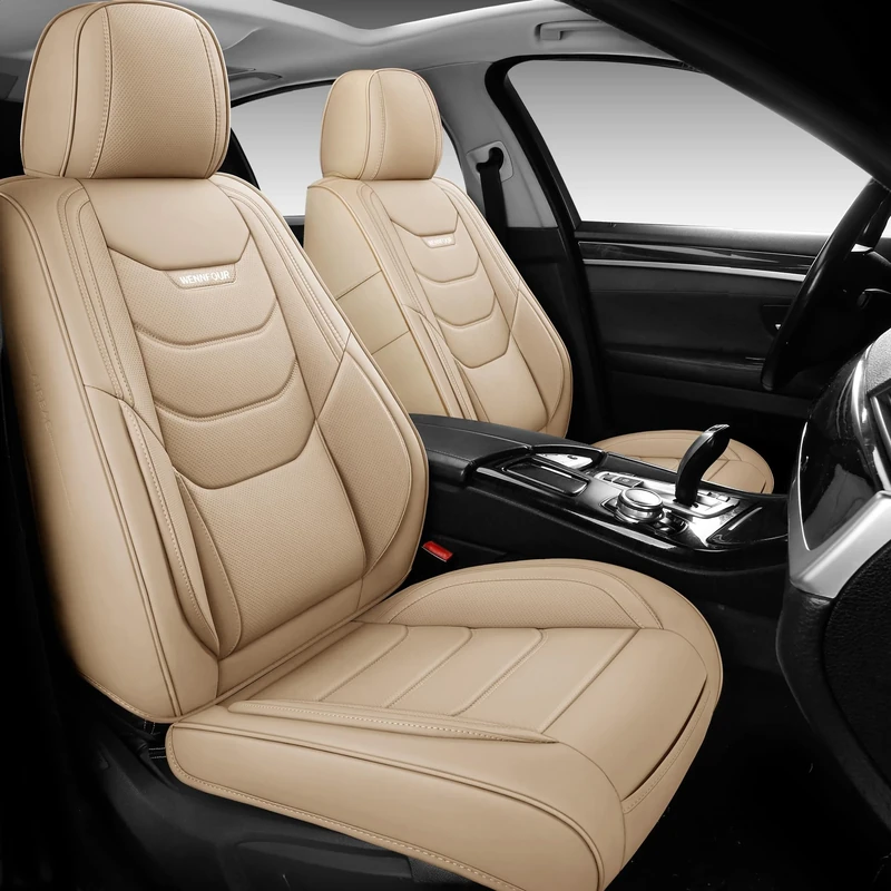 WENNFOUR Car Seat Covers Full Set, Universal Automotive Front and Rear Seat Protector Fit for Cars 5 Seats, Waterproof Breathable Nappa Leather Seat Cushion for Most Vehicles SUV Pick-up Truck, Beige