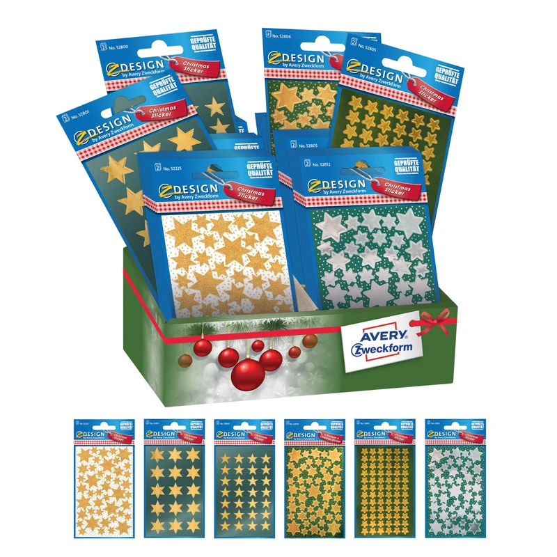 Avery España 52937 Assorted Mini Glitter Christmas Stars Sticker, 6 References, Total 60 Stickers