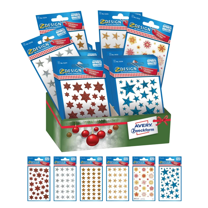 Avery España 52938 - Assorted Adhesive Stars in Shiny Foil of Various Christmas Colours, 6 References, Total 60 Stickers