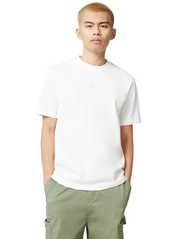 BOSS Mens Tee 10 Tonal-Logo T-Shirt in Cotton Jersey White