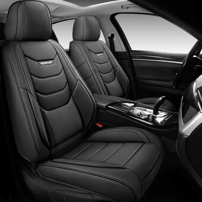 WENNFOUR Car Seat Covers Front Seats Only, Universal Luxury Automotive Car Seat Protector 2 Pack, Waterproof Breathable Nappa Leather Car Seat Cushion for Most Vehicles SUV Pick-up Truck, Black