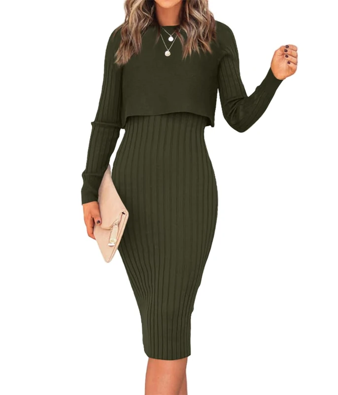EZBELLE Women's Long Sleeve Sweater Dresses 2 Piece Outfits Sets Ribbed Knit Crop Tops and Tank Bodycon Midi Dress, Army Green, Small