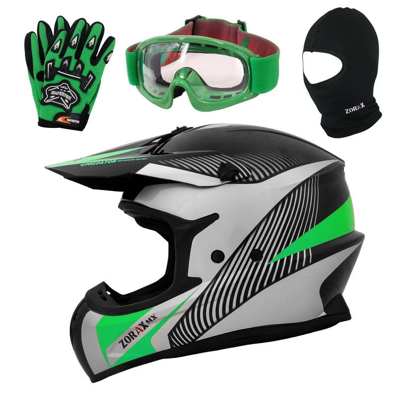Zorax Black/Silver/Green L (59-60cm) ZOR-X305 Motocross HELMET & Gloves L(10cm) & Goggles & Balaclava - MX Quad ATV Sports Enduro Crash Dirt Bike Helmet ECE 22.06 Certified