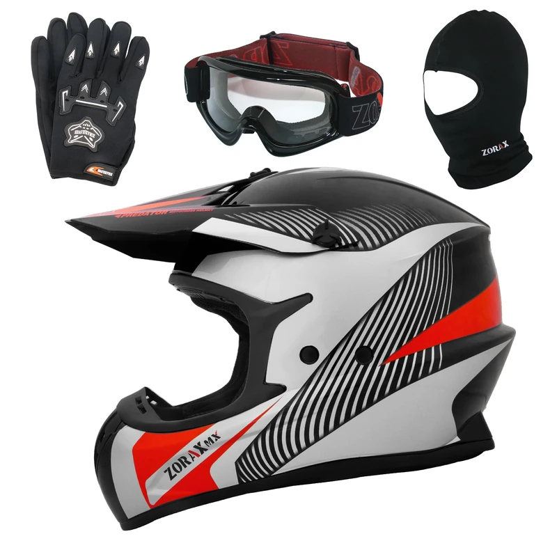 Zorax Black/Silver/Red L (59-60cm) ZOR-X305 Motocross HELMET & Gloves L(10cm) & Goggles & Balaclava - MX Quad ATV Sports Enduro Crash Dirt Bike Helmet ECE 22.06 Certified