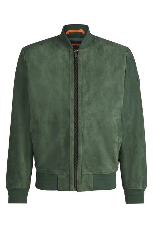 BOSS Mens Joflag Ribbed-Trim Bomber Jacket in Suede