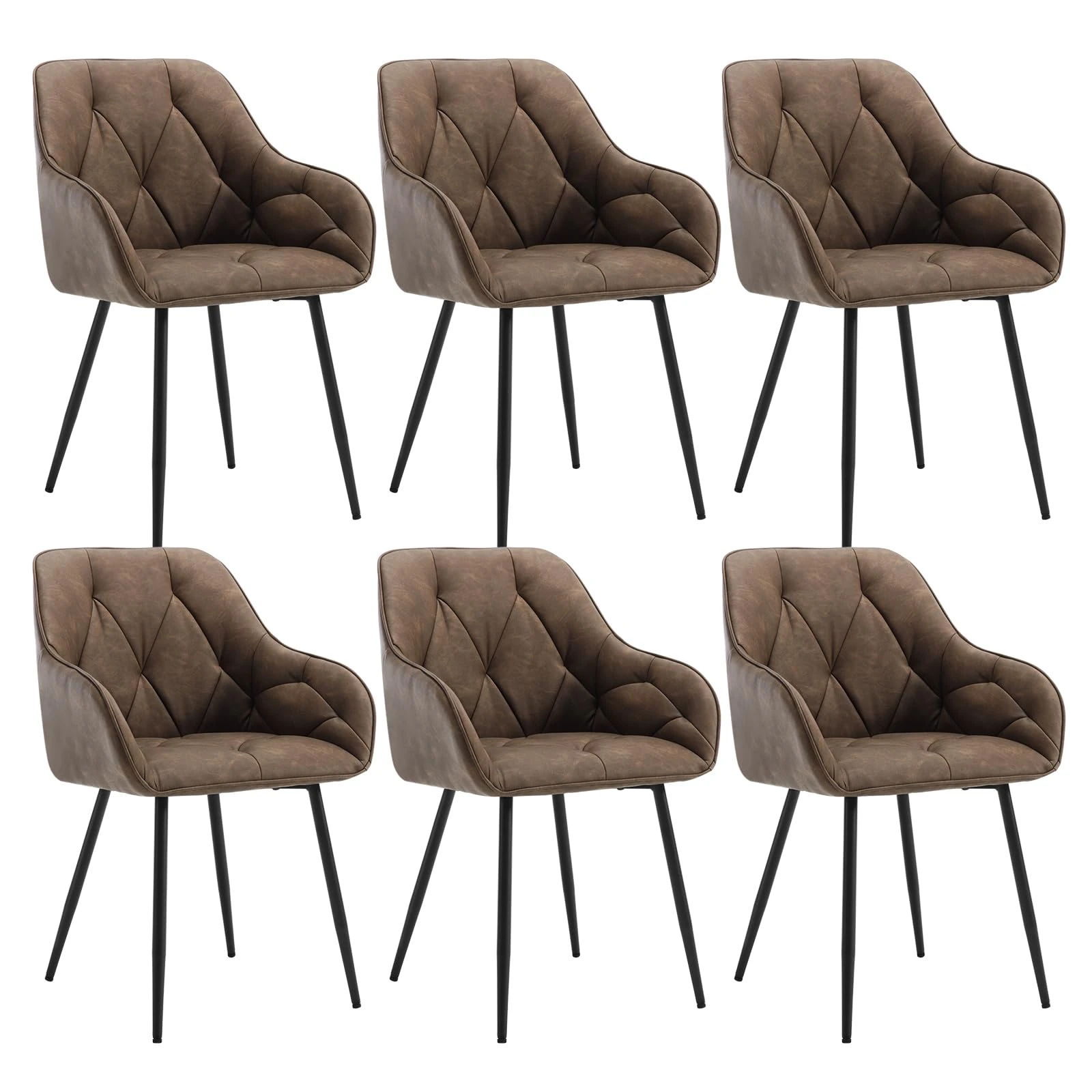 WOLTU Set of 6 Dining Chairs Kitchen Chairs Upholstered Living Room Chair with Backrest, Armrests, Metal Legs, Ergonomic Chair for Lounge, Office, Dressing Table, Faux Leather, Dark Brown