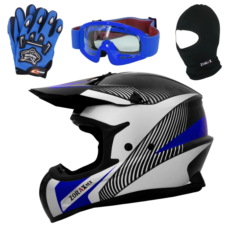 Zorax Black/Silver/Blue XL (61cm) ZOR-X305 Motocross HELMET & Gloves XL(11cm) & Goggles & Balaclava - MX Quad ATV Sports Enduro Crash Dirt Bike Helmet ECE 22.06 Certified