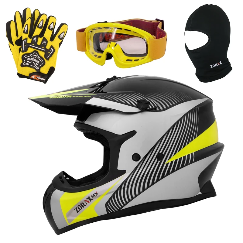 Zorax Black/Silver/Yellow S (55-56cm) ZOR-X305 Motocross HELMET & Gloves S(8cm) & Goggles & Balaclava - MX Quad ATV Sports Enduro Crash Dirt Bike Helmet ECE 22.06 Certified