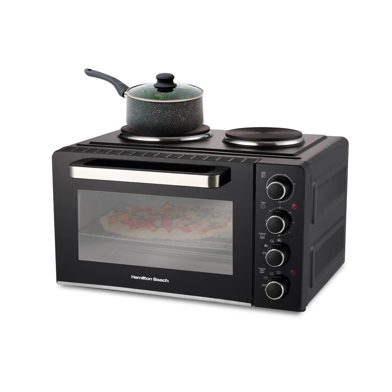 Hamilton Beach Mini Oven, 28L, 3100W, Double Hotplates, Space Saving, Electric Countertop Cooker, Flexible Cooking, Adjustable Temperature Control, 60 Min Timer, Black - HB28HDB