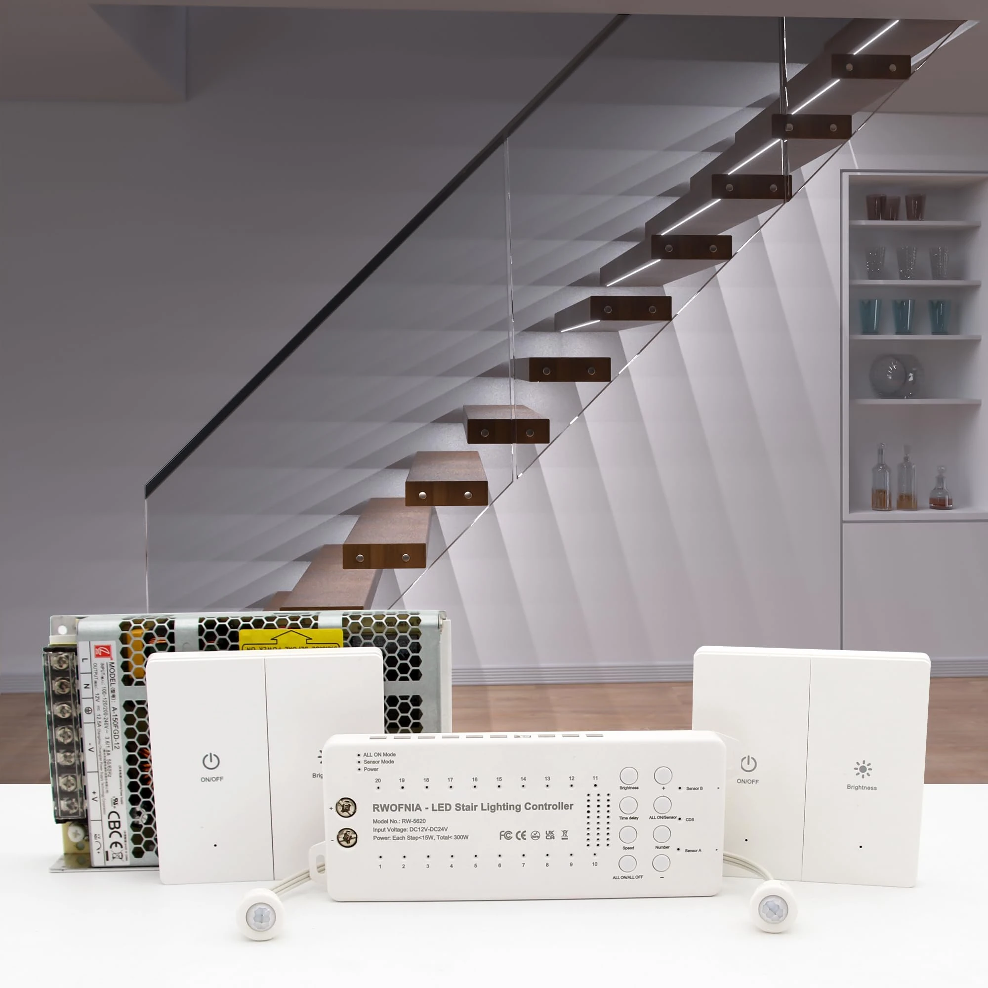 RWOFNIA RW-5620 LED Wall Stair Lighting Kit and Motion Sensor, 40" Long Cuttable LED Light for LED Stair Lights (Cool White 6000K, 16 Stairs)