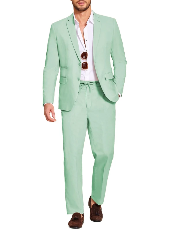 Coofandy Men's 2 Piece Linen Suits Set Regular Fit Casual Lightweight Blazer Jacket and Pants, Light Green, L