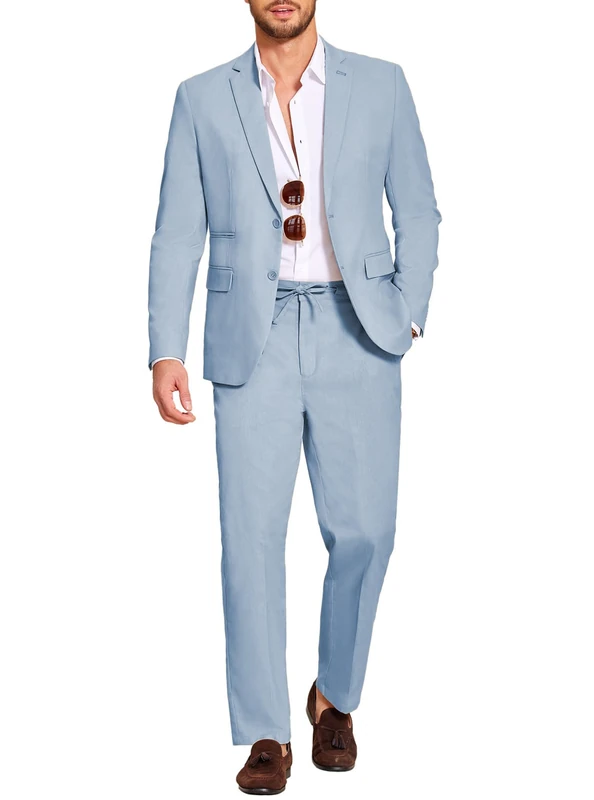 COOFANDY Men's 2 Piece Linen Suits Set Regular Fit Casual Lightweight Blazer Jacket and Pants, Light Blue, XXL