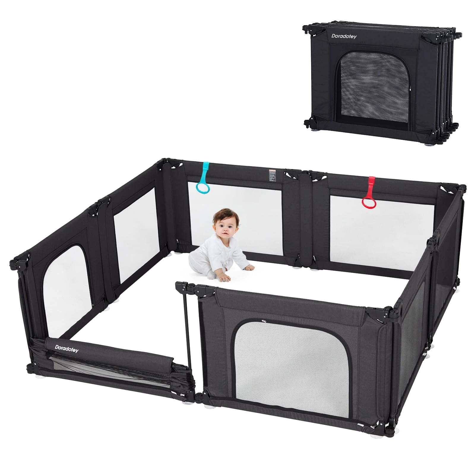 Doradotey Baby Playpen, Shape & Size Adjustable Large Playard for Toddlers, Foldable Playpen Baby Fence Indoors Play Center Yard, Breathable Mesh Anti-Fall Play Pen 79x71, Black