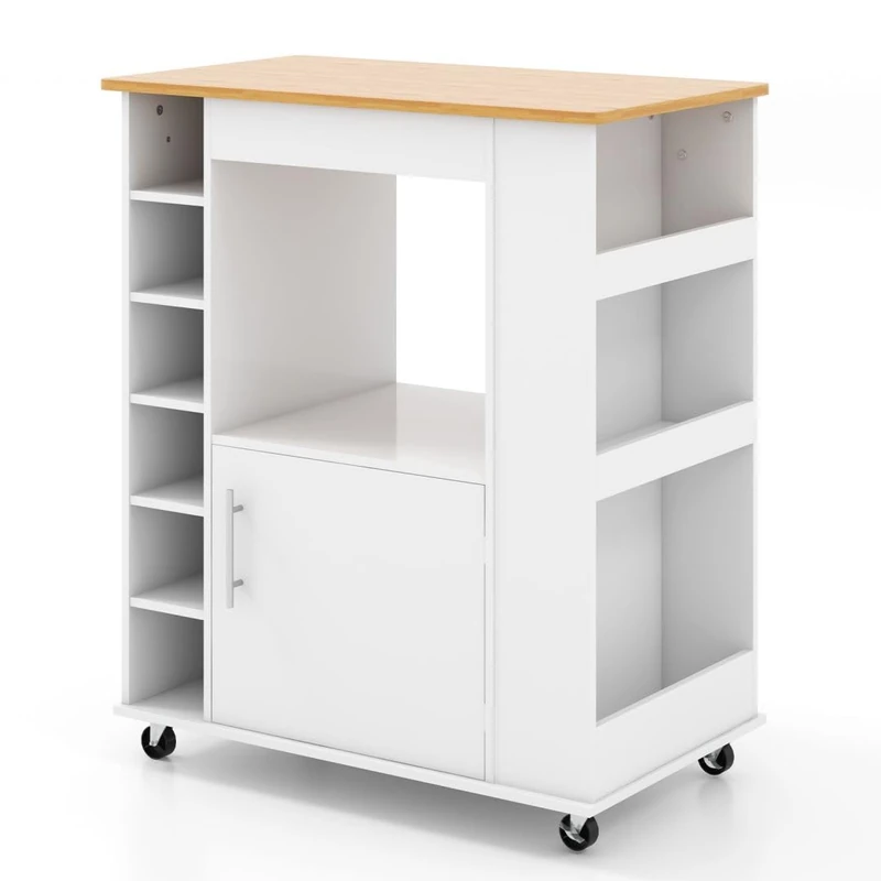 GiantexUK Kitchen Island Trolley on Wheels, Mobile Serving Cart with Bamboo Countertop, 6-Bottle Wine Rack, Spice Rack & Push Handle, Utility Storage Organizer for Dining Living Room (White+Natural)