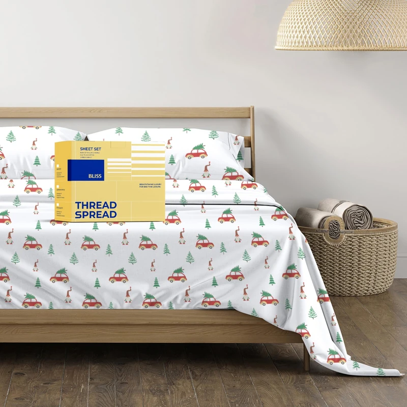 THREAD SPREAD 100% Egyptian Cotton Printed Sheets California King Size - 4 PC 600 Series Cotton Printed Sheets Set for Cal King Bed (Festive Joy), Soft, Luxury Hotel 16" Deep Pocket Bedsheet