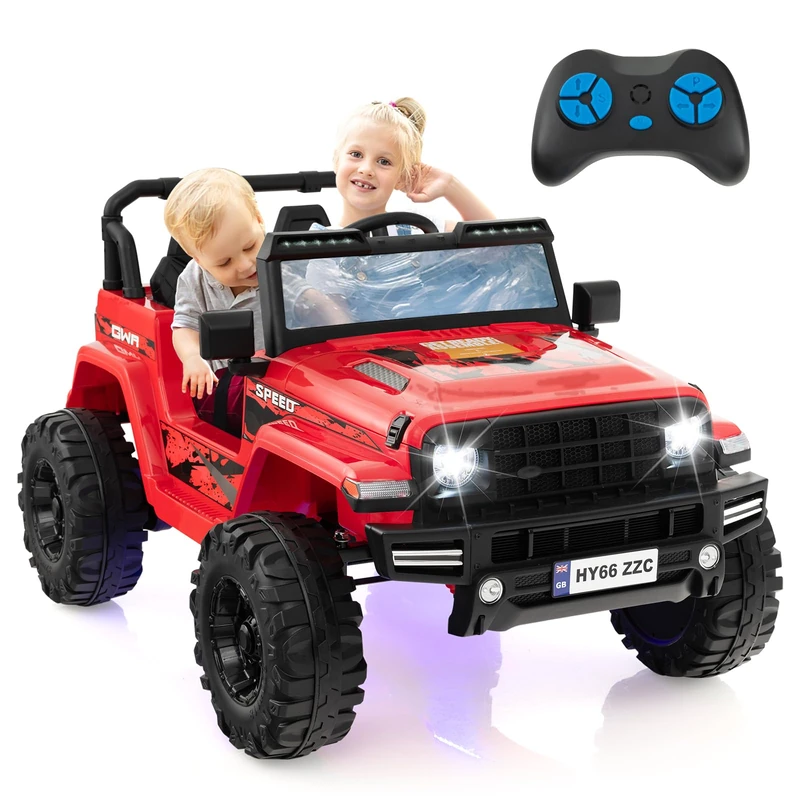 GYMAX 24V Kids Ride on Car, 2-Seater Battery Powered Toy Car with Remote Control, Lights, Music, Bluetooth, Radio, USB Port, High/Low Speed&Slow Start, Children Electric UTV for 3 Years Old+ (Red)
