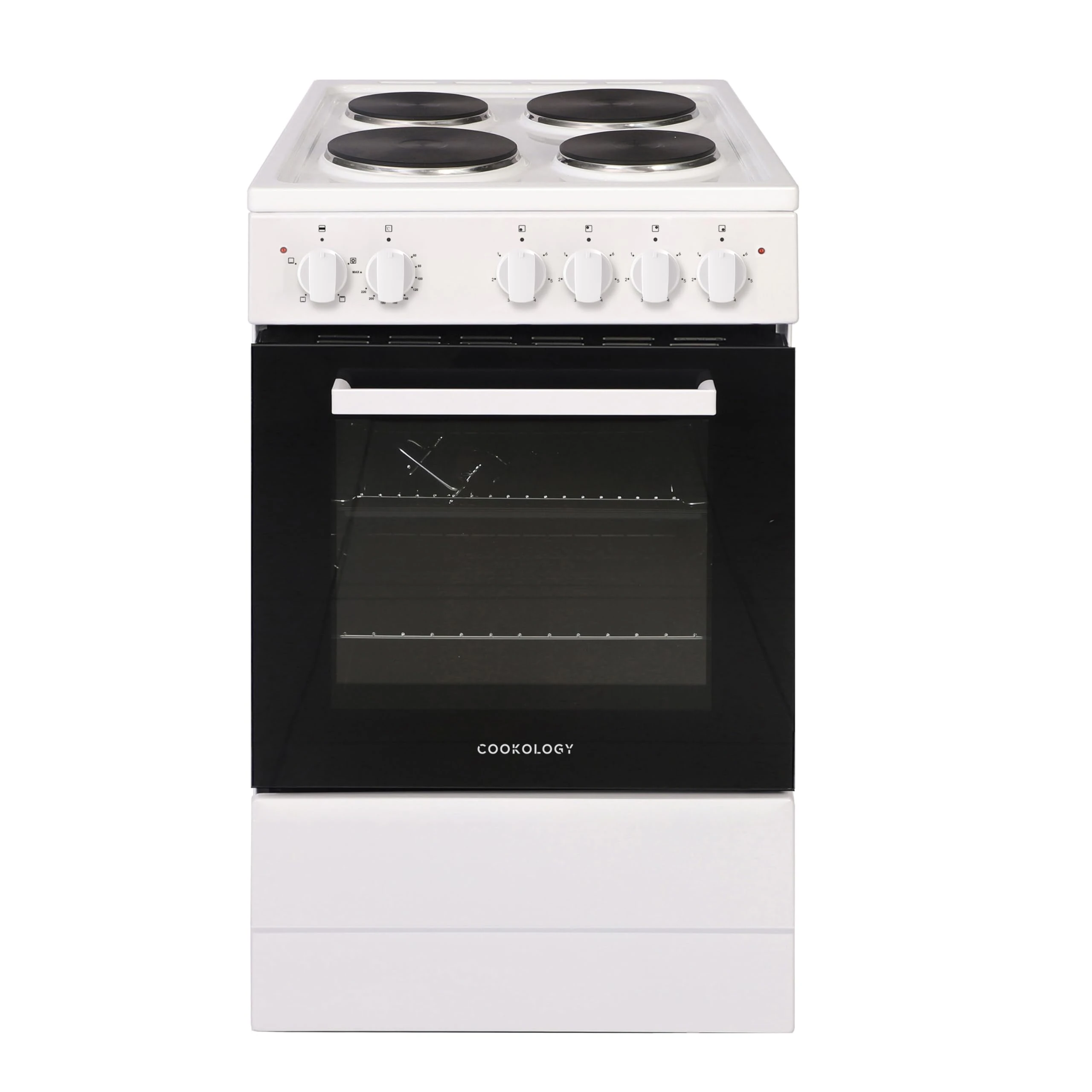 Cookology CFSPSC501WH 50cm 62L Capacity Single Cavity Freestanding Electric Cooker with 4 Zone Solid Plate Hob Cooktop - White