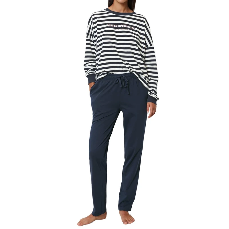 Marc O'Polo Women's Mix & Match Long Pyjama Set, Navy/White, XS