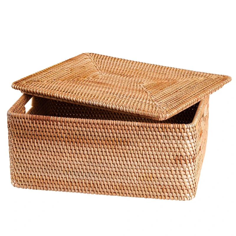 FIYAMMY Rattan Basket With Lid, Large Lidded Basket For Storage Square Rattan Box(11.81" L×7.87"W×5.91"H)