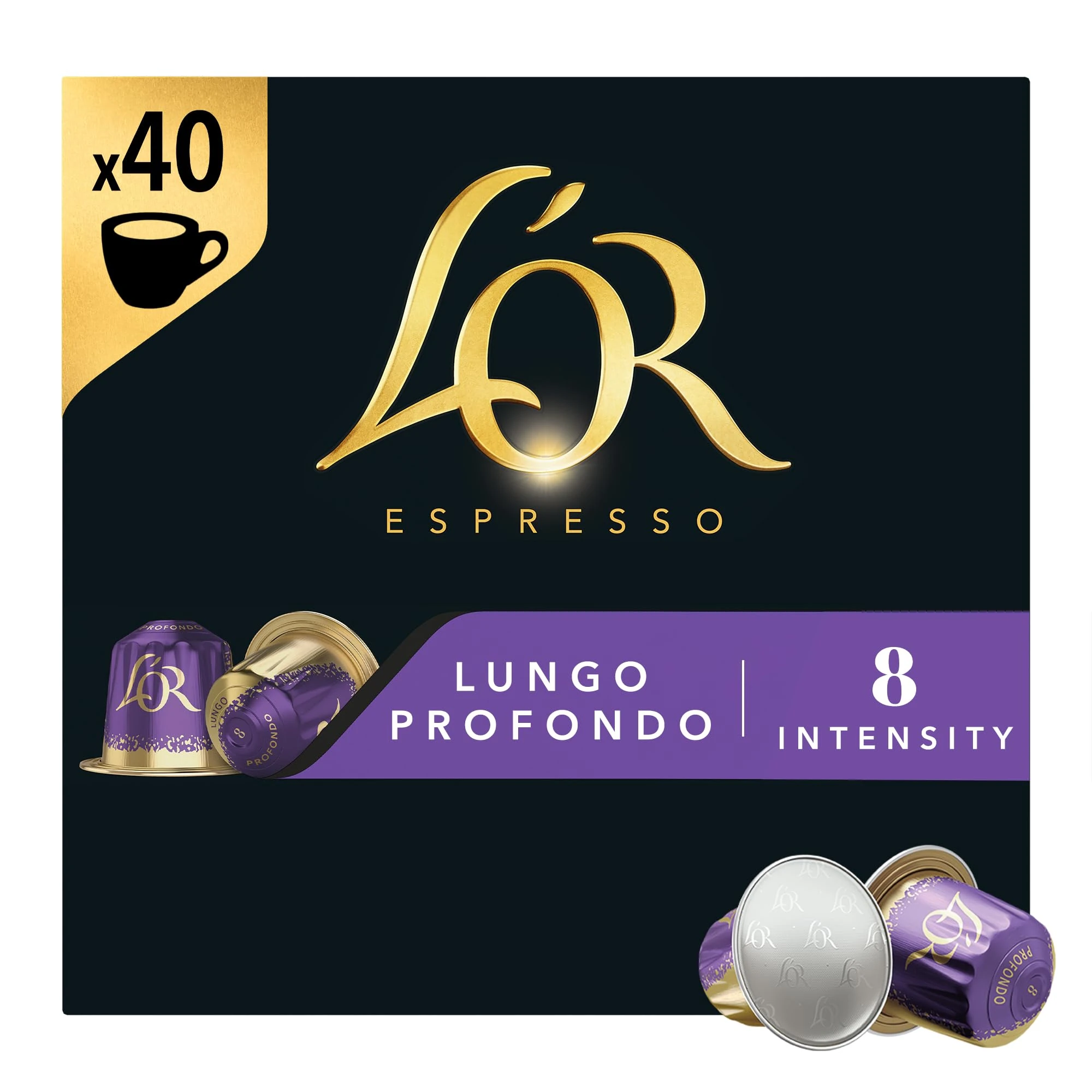 L'OR Espresso Lungo Profondo Coffee Pods x40 Intensity 8 (Pack of 1, Total 40 Capsules)