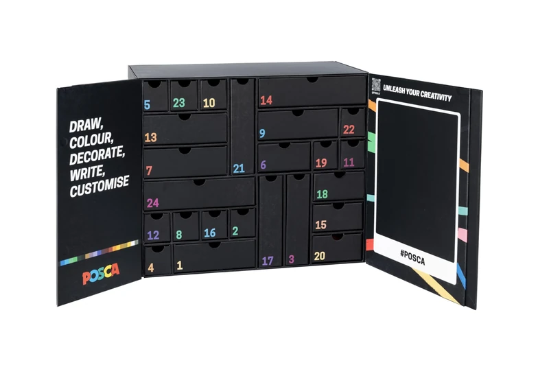 POSCA - Advent Calendar 2025 with 24 Stationery, School Stationery, Creative Crafts - Gift Ideas with Stuff for School, Fine and Chunky Tip Marker, Wax Crayons, Pencils and More