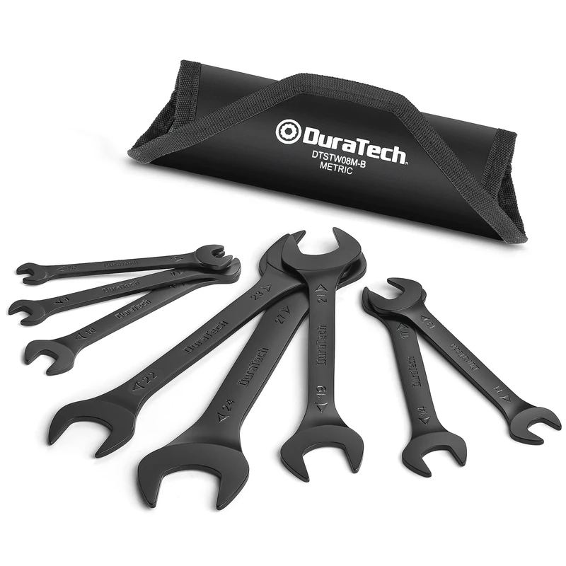 DURATECH Double Open End Spanner Set, 8-Piece, Metric, 5.5 mm-27 mm, Super-Thin Open Ended Flat Wrench Set for Narrow Space, Black Electrophoretic Coating, with Carry Pouch