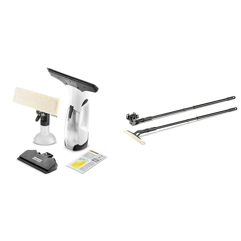 Bundle of Kärcher Window Vac WV 2 Plus N, Battery Running Time: 35 min, LED Display for Battery Status, 2 Suction Nozzles, Spray Bottle with Microfibre Cloth + Kärcher Window Vacuum Extension Set